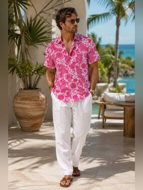 Chemise de St. Barth Pink Floral Shirt XXL 100% Cotton Caribbean Luxury